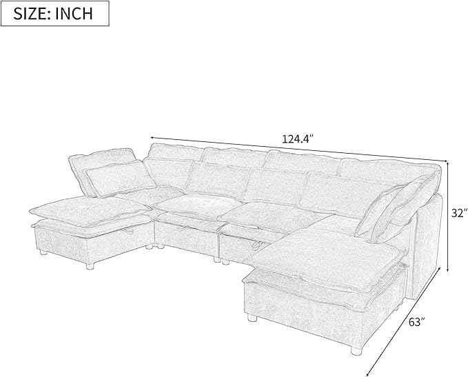 Ball & Cast 124.4" Modular Sectional Sofa,Oversized U-Shaped Couch with Storage Seat,Freely Combinable 6-Seater Set w/Double-Layer Cushion,for Living Rooms,Offices and Apartments,Beige