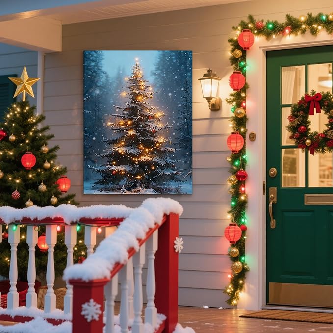 Framed Christmas Pictures Wall Decor,Vintage Pine Tree Prints,Winter Christmas Canvas Wall Art Decoration for Bedroom Bathroom Living Room Rustic Xmas Holiday Gifts (Christmas Tree 3, 16'' X 20'')