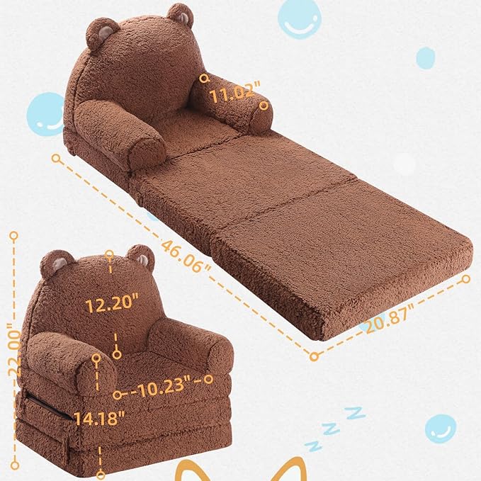 Foldable Kids Sofa, Sherpa Teddy Bear Toddler Couch with Tri Folding Foam Cushions, Comfy Couch for Kids Age 18 Months and Up
