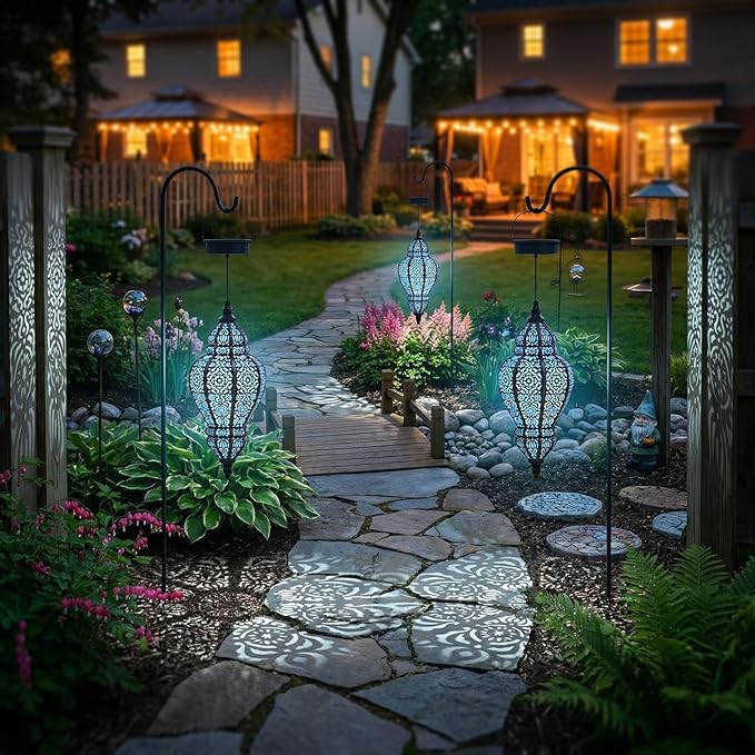 Hanging Solar Lights Outdoor Garden Decor Solar Lantern Waterproof Plastic Moroccan Outdoor Decorations for Patio Pathway Yard Backyard Garden Decorative (Black, 2)