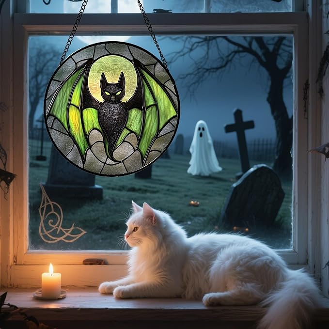Stained Glass Window Hanging - Halloween Black Bat Green Wings Monster Suncatcher for Doors Garden Home Spooky Sun Catchers Gothic Decor Horror Gift for Women Men Friend Boy Girl 7.8 in