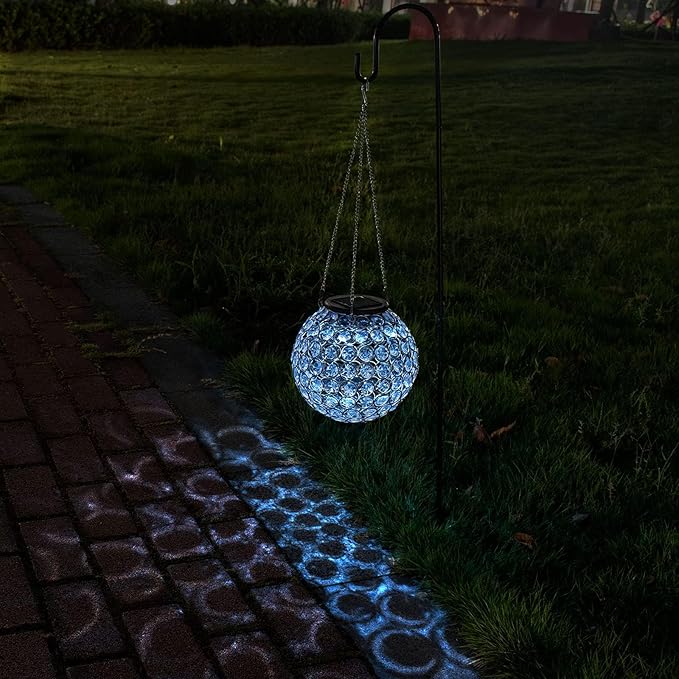 Solar Hanging Lantern Outdoor Lights, Dual LEDs Color Changing and Cool White Hanging Light Waterproof Crystal Globe Lamp Decoration in Garden, Pathway, Front Door - Clear