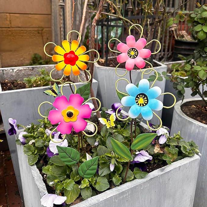 Metal Flowers for Outside, 15.85" 4-Pack Decorative Garden Stakes for Spring Garden Decor, Shaking Head Yard Art Decorations for Patio Porch Lawn Ornaments
