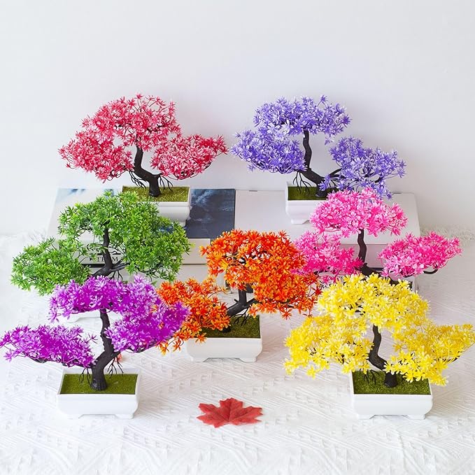Mini Artificial Bonsai Tree Plants with Plastic Cement Pots for Home Office Décor(Purple)
