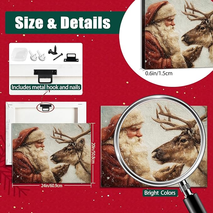 Santa Claus & Reindeer Christmas Canvas Wall Art - Festive Framed Print for Living Room & Office Decor, Ready-to-Hang Christmas Wall Art, Ideal Christmas Gifts & Holiday Decorations