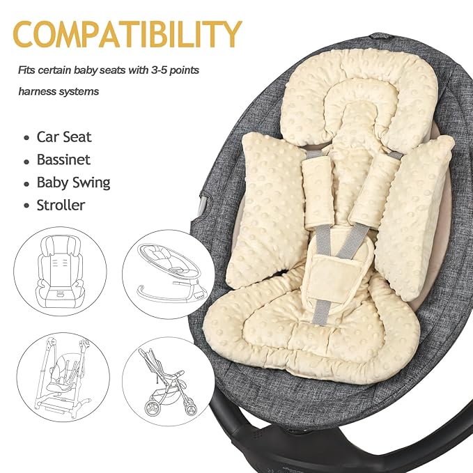 Infant Car Seat Insert Boy Girl, 3 in 1 Newborn Carseat Insert with Strap Pads, Car Seat Head Support for Baby Strollers, Swings, and Bouncers, Comfortable and Machine Washable, Beige