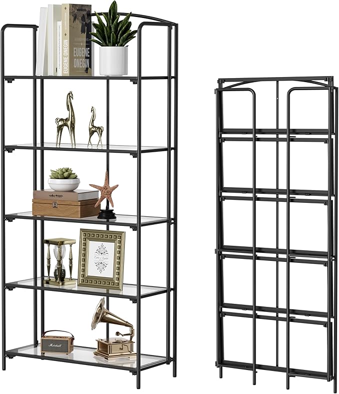 Crofy No Assembly Folding Bookshelf for Living Room, 5 Tier Black Collapsible Book Shelf for Home Office, Portable Bookcase Storage Organizer
