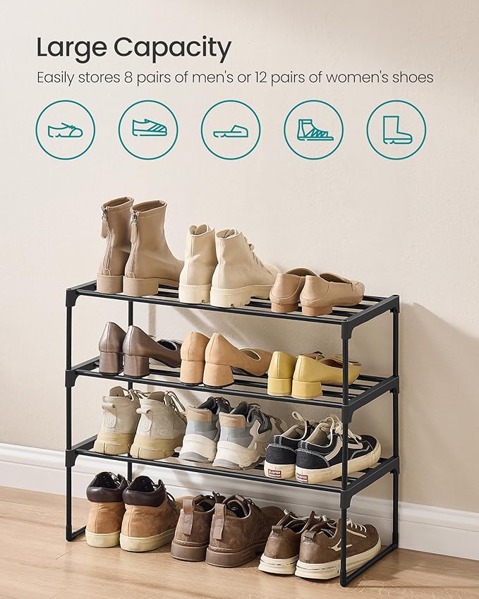 SONGMICS Shoe Rack, 3-Tier Shoe Organizer, Metal Storage Shelf, Upright or Upside Down, for 8-12 Pairs, Stackable, for Entryway, 11.8 x 26.8 x 21.7 Inches, Black ULSA203B01