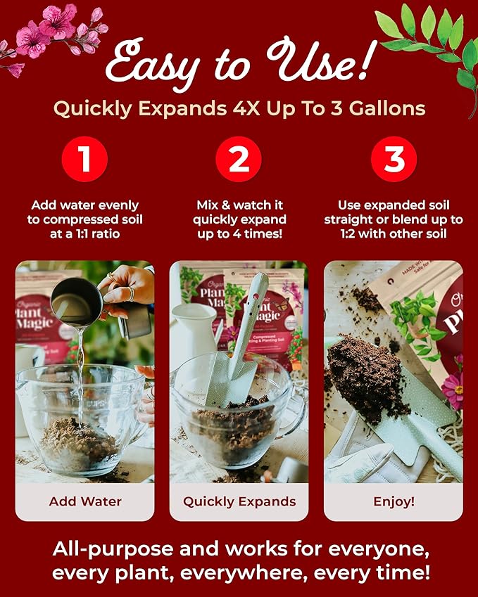 Compressed Organic Potting Soil for Garden, Plants & Vegetables - Expands 4x When Mixed with Water - Indoor or Outdoor Use - Plant Food Mix Derived from Natural Coconut Coir & Worm Castings Fertilizer