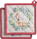 Maison d' Hermine Pot Holders Set 100% Cotton Heat Resistant Potholders 8" x 8" Hot Pads with Loop for Thanksgiving Christmas Decorations BBQ Cooking Baking Handling Hot Pans (Pack of 2, Holly Time)