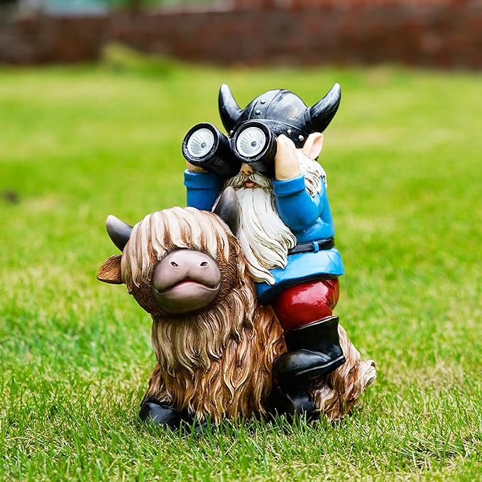 Garden Gnome Statues Resin Gnome Sitting on Highland Cow Solar LED Lights Outdoor Telescope Gnome Decorations