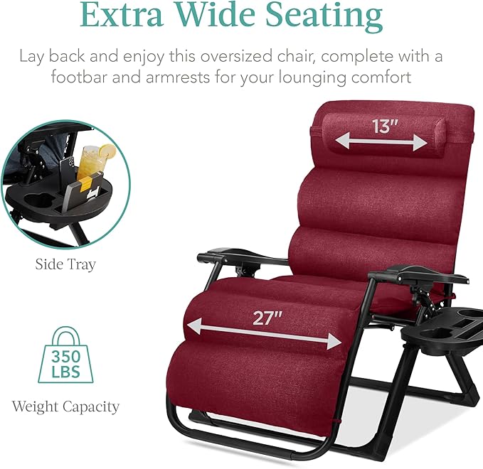 Best Choice Products Oversized Zero Gravity Chair, Folding Outdoor Patio Recliner, XL Anti Gravity Lounger w/Removable Cushion, Cup Holder, Side Tray, 350lb Capacity - Burgundy