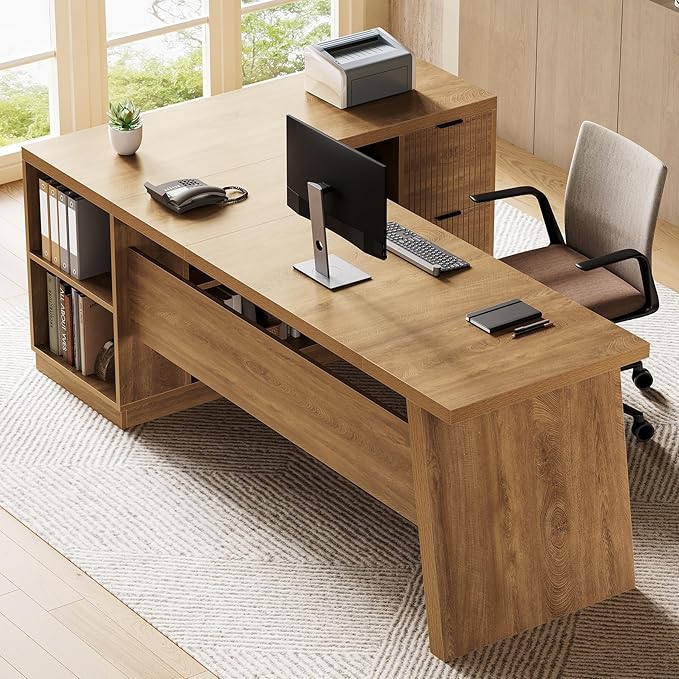 LITTLE TREE 78-Inch L-Shaped Executive Desk, Modern Desk with Drawers & File Cabinet, Large Walnut Office Workstation with Storage Shelves for Home Office