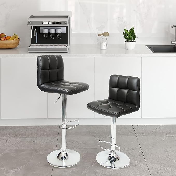 Roundhill Furniture Swivel Black Bonded Leather Adjustable Hydraulic Bar Stool, Set of 2