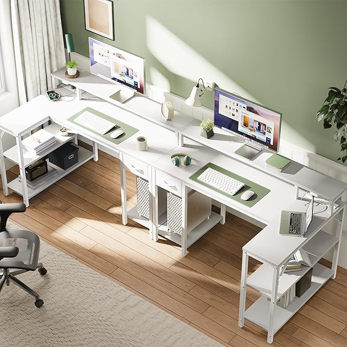 SUPERJARE 47 inch Reversible L Shaped Desk with LED Lights & Power Outlets, Computer Desk with Shelves & Monitor Stand, Gaming Desk with Drawer, Home Office Desk Corner Desk, PU White Drawer