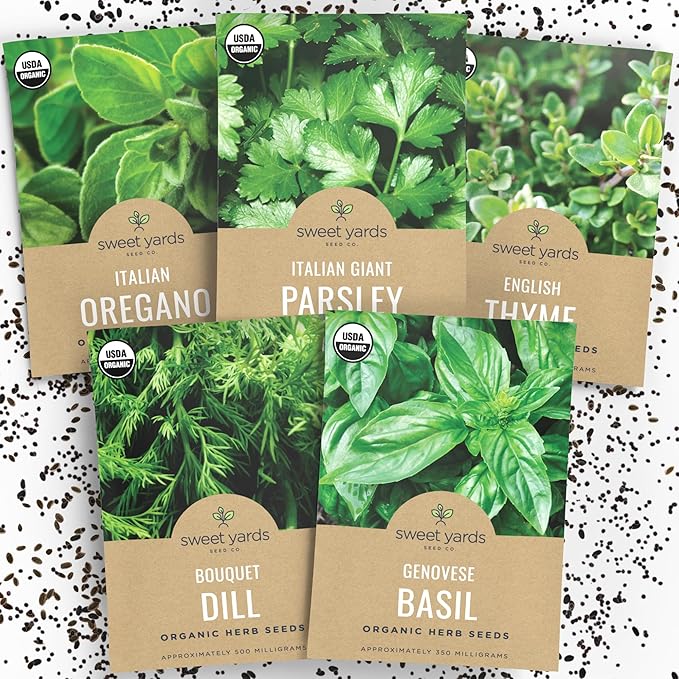 Organic Herb Seeds Variety Pack - 5 Individual Packs - 2025 Season - Basil, Oregano, Dill, Thyme & Parsley. for Indoor & Outdoor Planting (Non-GMO, Certified Organic)