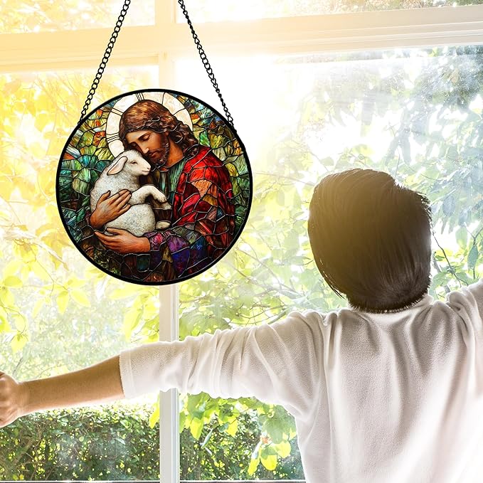 Stained Glass Window Hanging, Jesus Little Lamb Sun Catchers Colorful Glass Panel Christianity Suncatcher Decor for Birthday for Women, Men, Wife, Aunt, and Mom 9.8 in