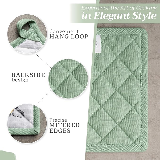 Maison d' Hermine Pot Holders Set 100% Cotton Heat Resistant Potholders 8" x 8" Hot Pads with Loop BBQ, Cooking, Baking, Grilling, Kitchen, Handling Hot Pans Spring/Summer (Pack of 2, Printemps)