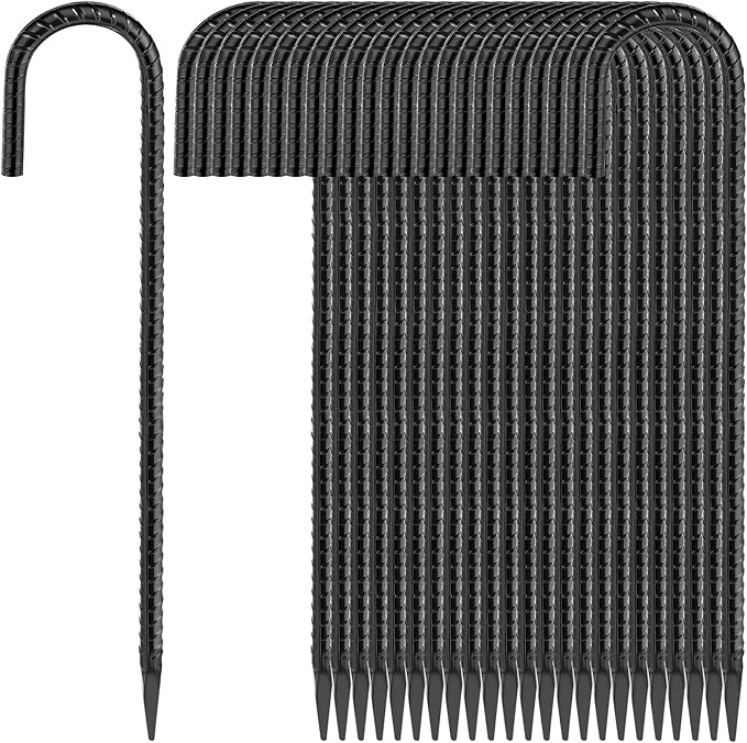 16 Inches 24-Pack J Hook Rebar Stakes Heavy Duty Tent Stakes with Chisel Point End, Steel Ground Anchors Metal Garden Stakes Chain Link Fence Stakes Black Coated