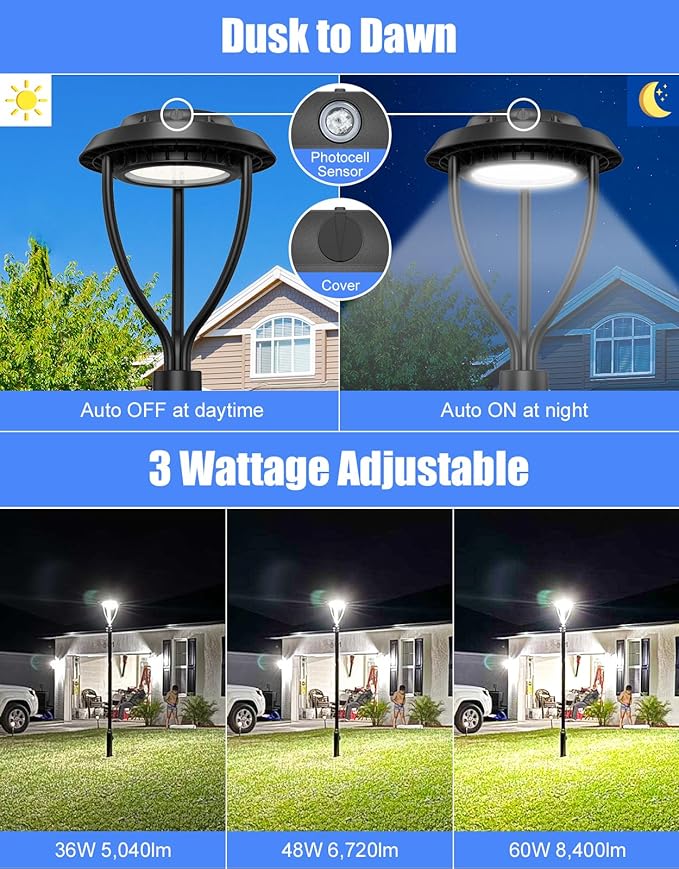 KUKUPPO 10 Pack 60W LED Post Top Light 60W/48W/36W Wattage Selectable ETL Listed 8400Lm LED Post Pole Top Light Dusk to Dawn IP65 Waterproof for Outdoor Commercial Pole Light Fixture AC100-277V