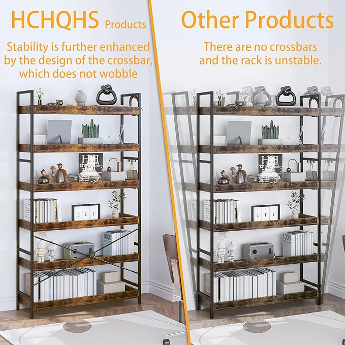 HCHQHS Bookshelf, Adjustable Industrial Bookcase, Vertical Tall Book Shelf, Wood and Black Metal Open Bookshelves for Home Office, Living Room, Bedroom (Rustic Brown, 6-Tier (31" W x 70" H))