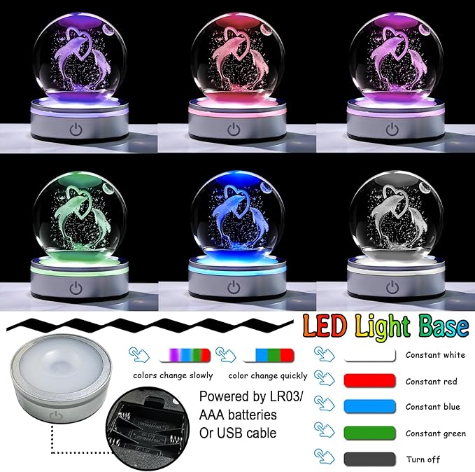 Crystal 3D Dolphins 3.15in Ball Figurine Gifts for Women, Collectible Glass Animal Art for Room with LED Light Base Keepsakes for Dolphin Lovers Home Decor Paperweight
