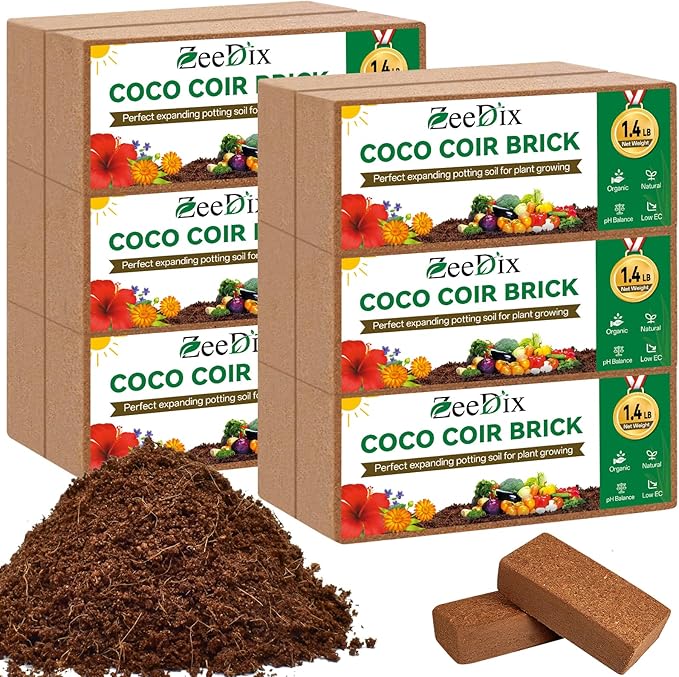 ZeeDix 12 Pcs Premium Coco Coir Brick- Natural Compressed Coconut Coir Bricks Coco Coir Fiber Potting Soil with Low EC and pH Balance, 100% Organic Coconut Coir for Plants Gardening Herbs Reptiles