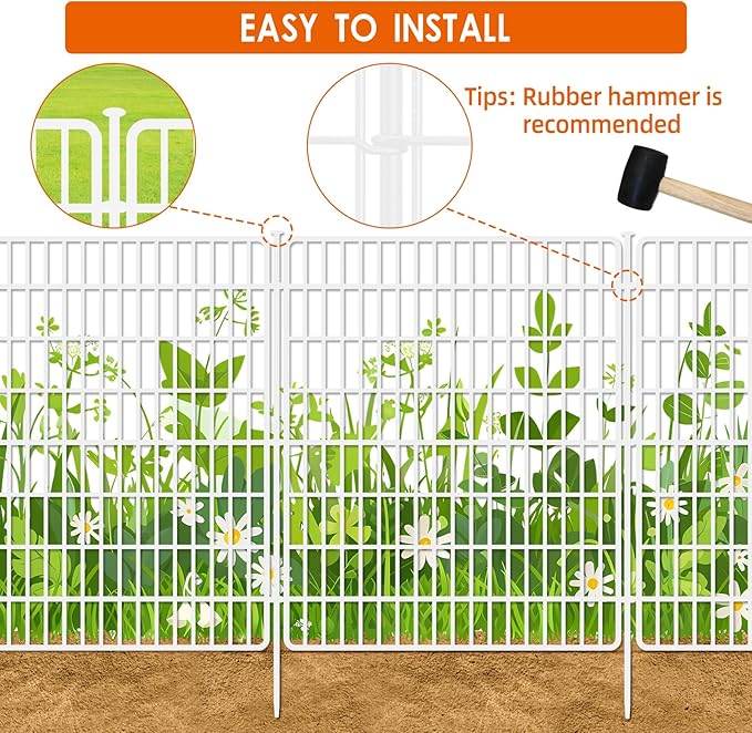 10 Panels No Dig Fence with Gate, 32 in(H) X 24 ft(L) Garden Decorative Fence Animal Barrier for Dogs, Rustproof Metal Garden Edging Border for Outdoor, Yard, Patio, White