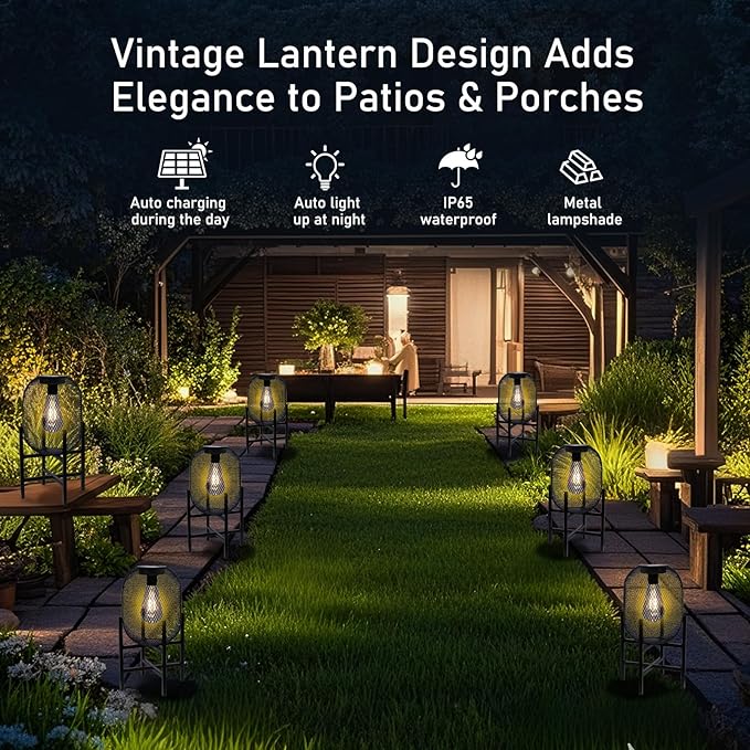 Solar Mesh Lantern Outdoor – 13.8" Tall Black Metal Patio Light with Edison Glass Bulb, Solar Powered Warm Glow LED, Waterproof IP65 for Garden, Porch, Deck, Tabletop Decor