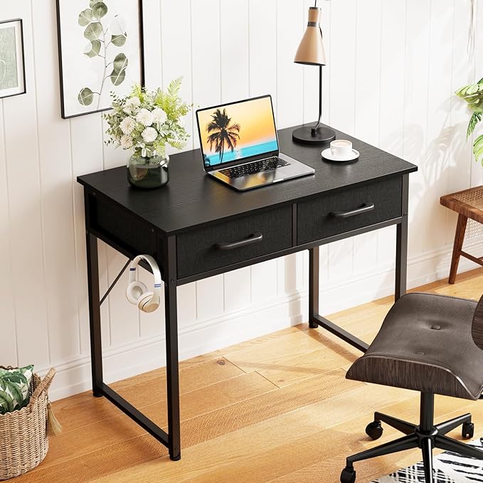 Casaottima 32 Inch Small Office Computer Desk with 2 Drawers & Headphone Hook - Compact Writing Desk for Home Office, Study or Work, Modern Space-Saving Design for Small Spaces, Black