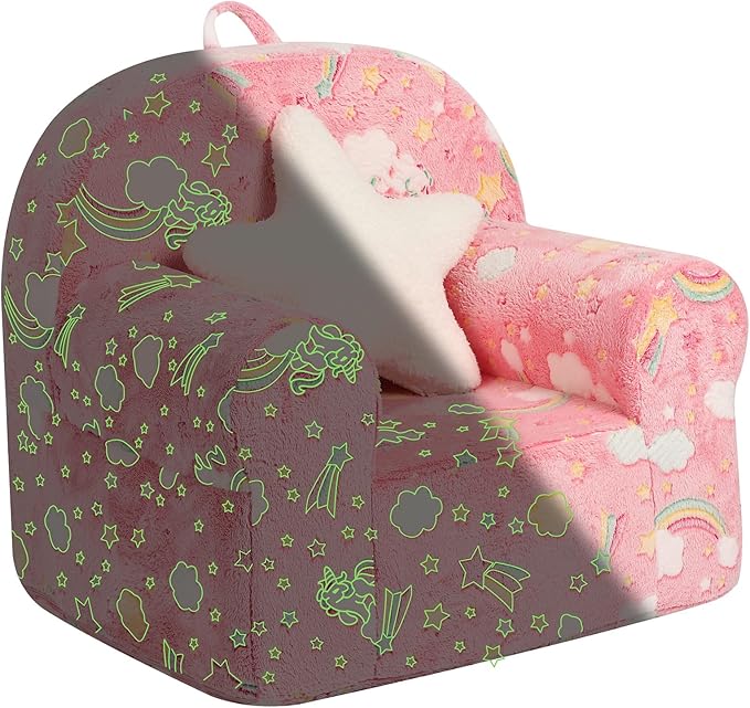 Rainbow Unicorn Kids Sofa with Star Throw Pillow, High Back Toddler Chair Glow in The Dark for Boys and Girls, Pink