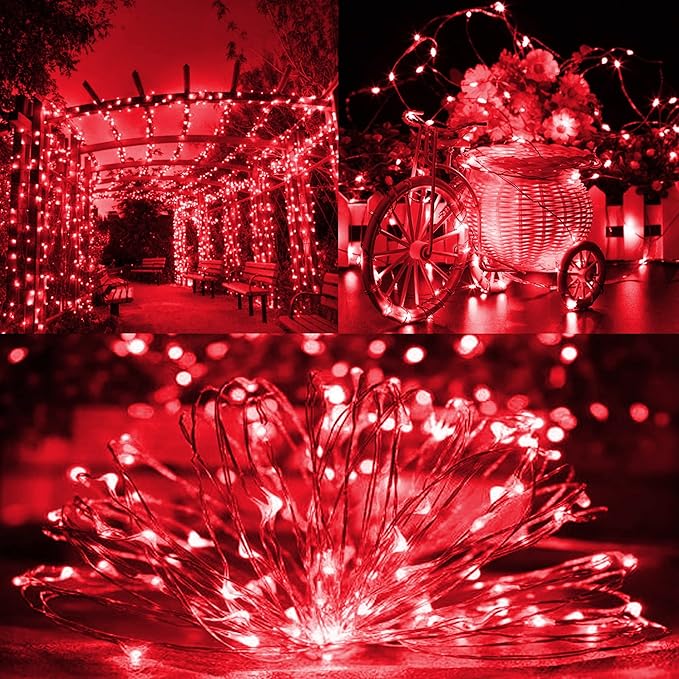 TW SHINE Red Solar String Lights Outdoor, Total 80 FT 240 LED Solar Powered Waterproof Fairy Lights 8 Modes Copper Wire Lights for Christmas Party Tree Wedding Yard Decorations, 2 Pack