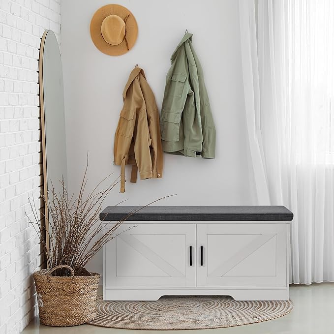 2-Tier Storage Bench, Shoe Bench with Padded Seat Cushion, Entryway Bench with 2 Barn Doors, Adjustable Shelf, 13.8" D x 39.4" W x 17.7" H, for Entryway, Living Room, Bedroom, White