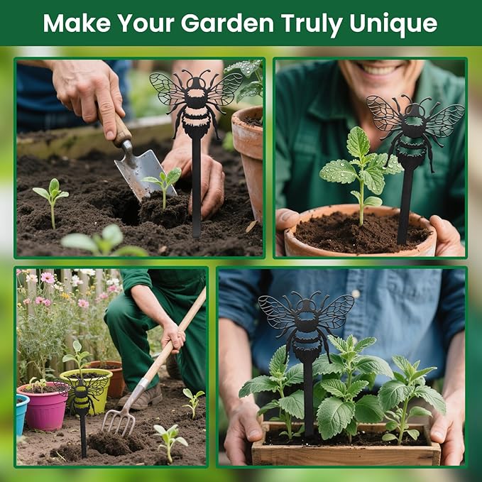 CUTHOLLOW Metal Plant Marker Stake Bee for Outdoor Indoor, Waterproof 11.8 inch Cute Garden Plant Labels Sign Tag for Vegetables, Farmhouse Greenhouse Decor - Funny Gardening Gifts