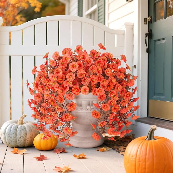 Fake Mums Artificial Fall Hanging Flowers for Outdoors Decoration, 2 PCS Fake Silk Morning Glory with Brown Eucalyptus UV Resistant Plants for Wall Home Porch Patio Balcony Yard Decor (Orange)