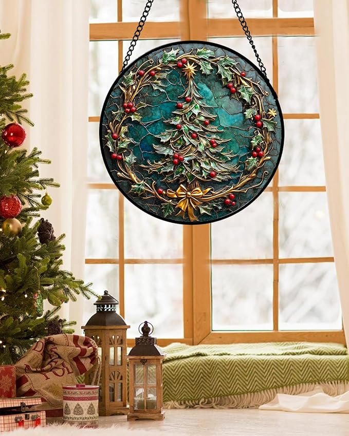 Stained Glass Window Hangings - Red Gold Green Wreath Suncatcher for Door Home Christmas Tree Decoration Sun Catcher Thanksgiving New Year Birthday Gift for Women Men Mom Grandma 11.8 in