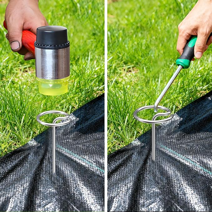 100pcs Landscape Fabric Pins, Heavy Duty Galvanized Landscape Staples Weed Barrier Stakes Lawn Staples with Staples Remover Mallet Yard Stakes Staples for Lawn Edging Ground Cover Outdoor Gardening