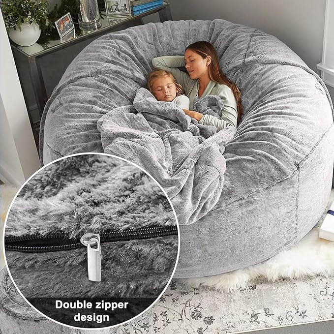 BCU 6FT Bean Bag Chair for Adults and Kids Without Filler Giant Stuffed Animal Storage Cover Soft Faux Fur Floor Chair Cover for Bedroom Living Room, Purple