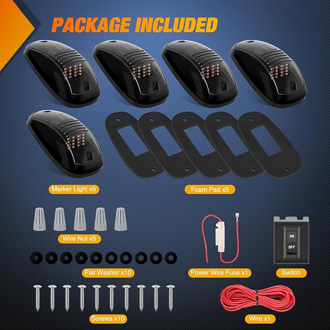 Nilight Cab Roof Marker Light 5 PCS 16 LED Smoked Lens Amber Top Clearance Lights Kit Waterproof Surface Mount for Ford Dodge Ram SUV POV Pickup Trucks
