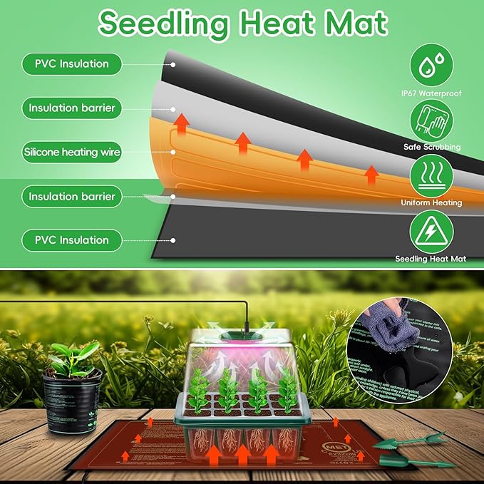 YAUNGEL Seed Starter Tray with Grow Light, 5 Pack Seed Starter Kit with Heat Mat, Seedling Starter Trays with Timing Controller Adjustable Brightness, Thicken Trays with Humidity Domes