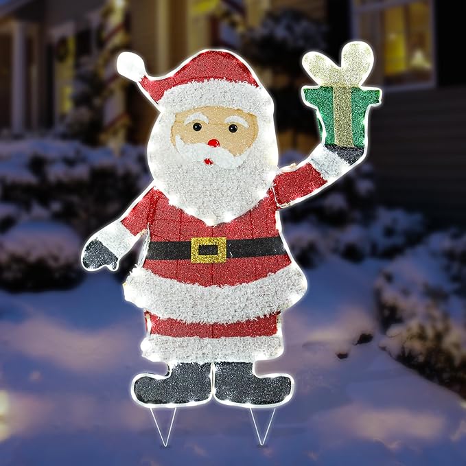 Christmas Santa Lighted Decoration Christmas Lighted Santa Clause with Gift Box Pre-Lit 102 LED Lights Decoration for Xmas Home Pathway Lawn Party Display