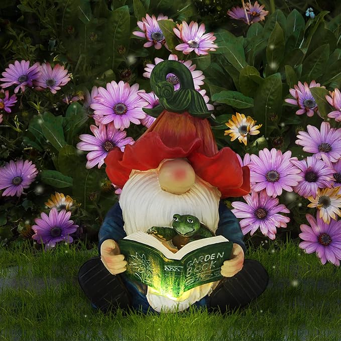 Garden Gnome Statue-Resin Gnome Figurine Hugging Turtle Reading Book with Solar LED Lights，Outdoor Summer Decorations for Patio Yard Lawn Porch,Garden Ornament Gift
