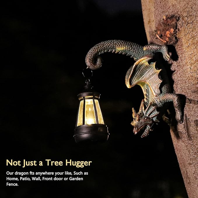 Solar Dragon Tree Hugger Statue Wall Decor - Gothic Garden Statue with Solar Lantern, Outdoor&Yard Decor, Fantasy Dragon Figurine for Trees, Walls, or Fences - Unique for Men & Women