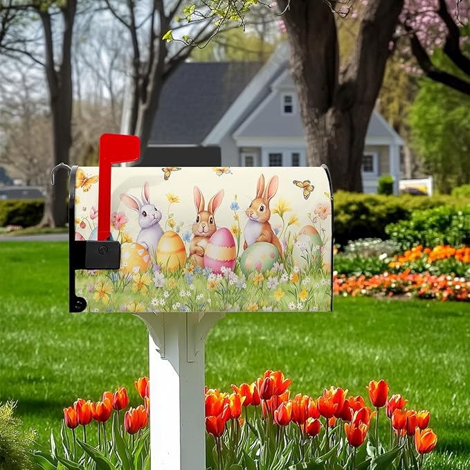 Easter Mailbox Covers Rabbits Mailbox Cover Standard Size 21x18 in Spring Floral Post Letter Box Cover for Garden Yard Decoration Waterproof Oxford Beautiful Eggs