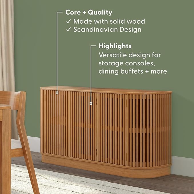 Plank+Beam Contour Wood TV Stand, Three Door Solid Wood Entertainment Console with Storage, 59" L x 16" W x 30" H, Pecan