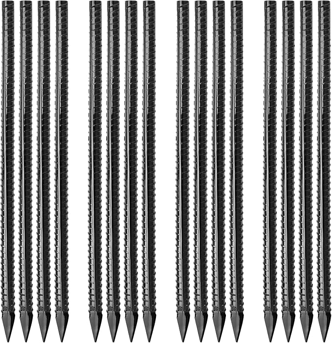 16 inches Ground Rebar Stakes (16 pcs) Heavy Duty Metal Spikes for Concrete Timber Garden Plant, Long Straight Steel Stakes for Tent, 3/8" Thickness Ground Anchors with Chisel Point End, Black