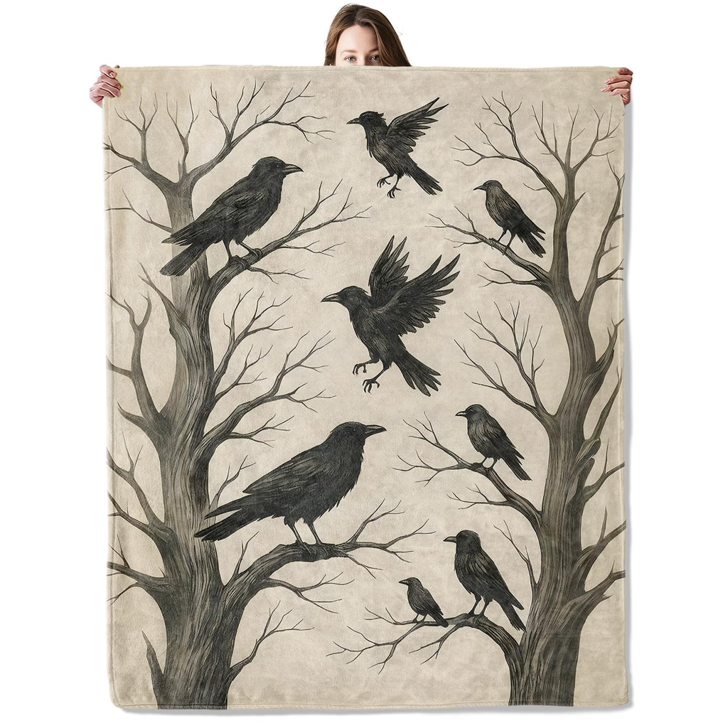 Gothic Crow Raven Blanket, Flannel Blankets Gifts for Boys Girls Adults, Warm Cozy Soft Fuzzy Throw for Couch, Bed, Room Decor 50x60 in