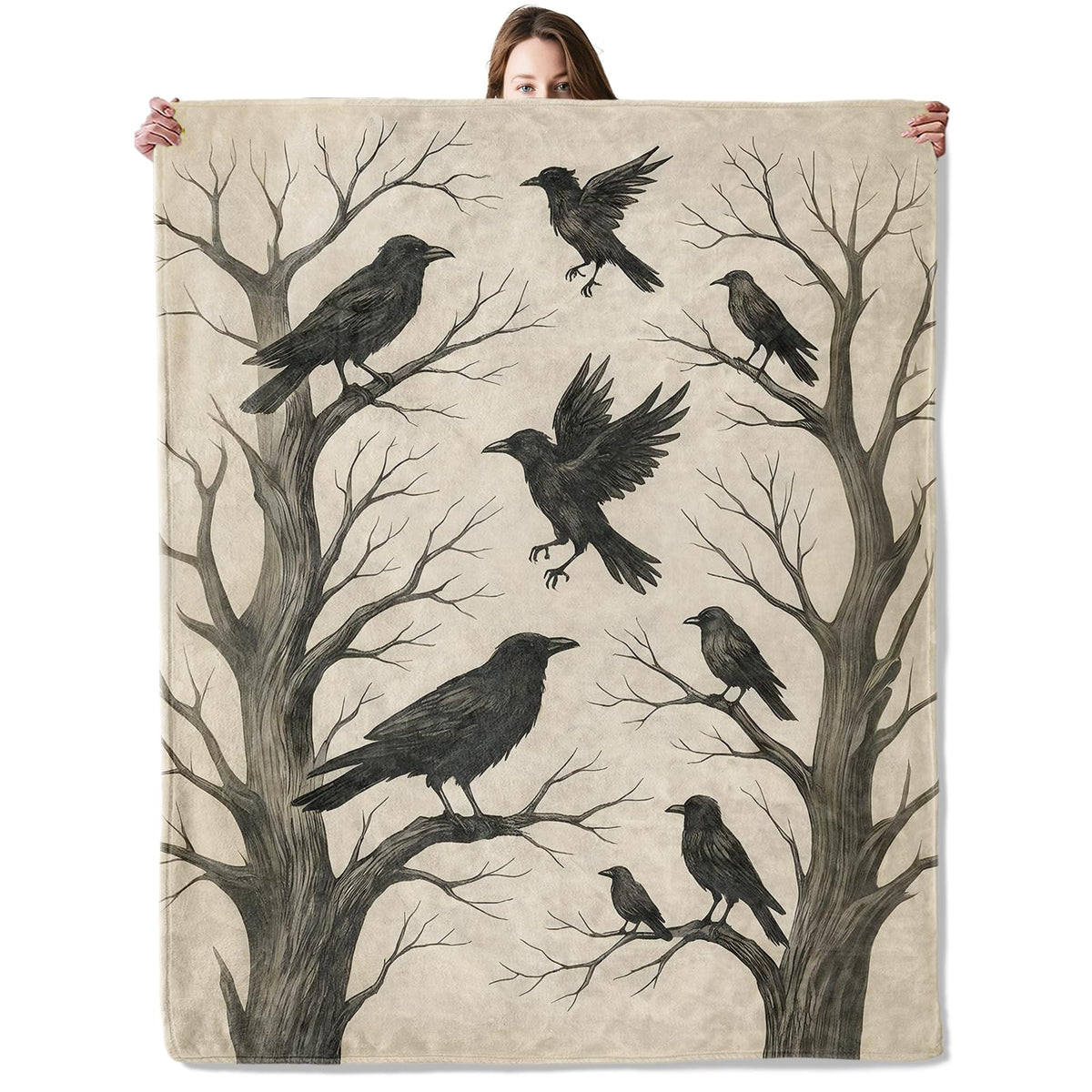 Gothic Crow Raven Blanket, Flannel Blankets Gifts for Boys Girls Adults, Warm Cozy Soft Fuzzy Throw for Couch, Bed, Room Decor 50x60 in
