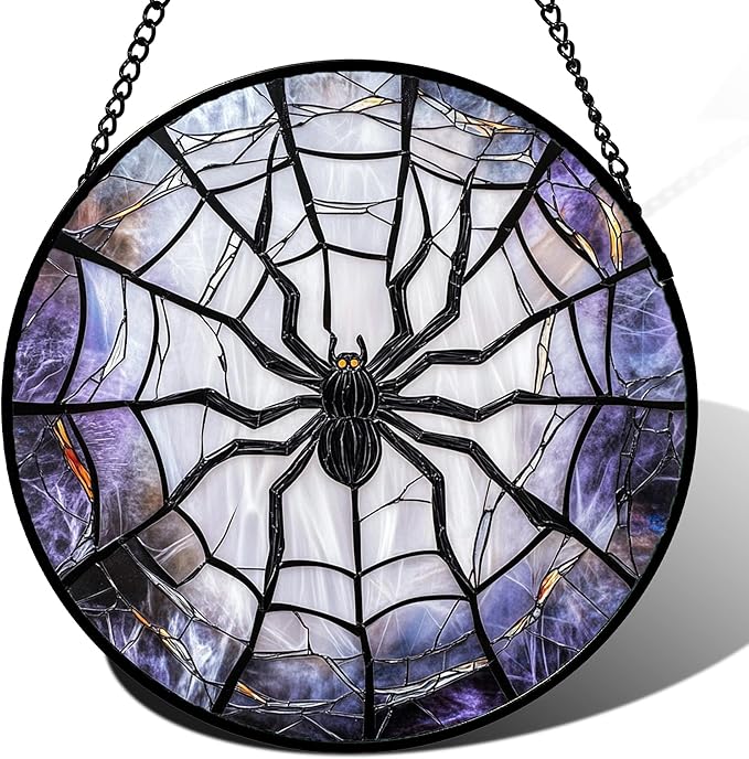 Stained Glass Window Hanging Funny Black Spider 11.8" - Suncatcher Door Garden Sunroom Sun Catcher Fall Decor Birthday Halloween for Friend Mom Men Woman Nana
