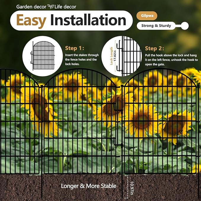 10 Panels Decorative Garden Fence with Lock, 40in (H) X 22.31ft (L) No Dig Dog Fences Outdoor for Yard, Rustproof Tall Animal Barrier Fencing, Metal Panels Suitable for Yards Border, Patio Use